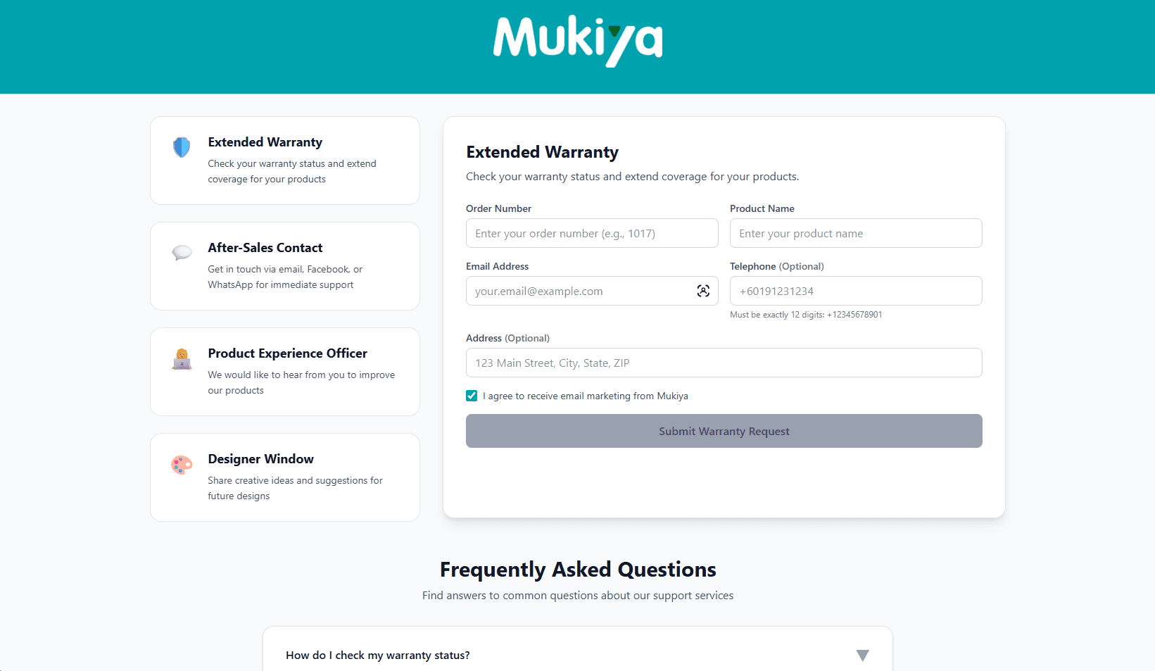 Mukiya Warranty desktop website
